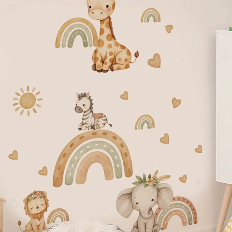 Cartoon Animal Rainbow Wall Stickers PVC Self Adhesive Removable Giraffe Elephant Lion Watercolor Decal For Kids Room Nursery Decor