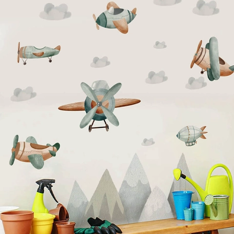 Adesivo da Parete in Cartone Animato con Aereo Nuvola e Montagna per Decorazione Cameretta Bambini PVC Impermeabile Rimovibile Acquerello