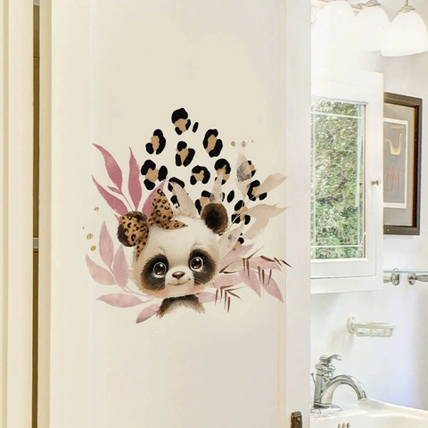 Cartoon Panda Wandtattoo Mit Leoparden Schleife Aquarell Blätter Abnehmbar PVC Wasserdicht Home Decor Für Kinderzimmer
