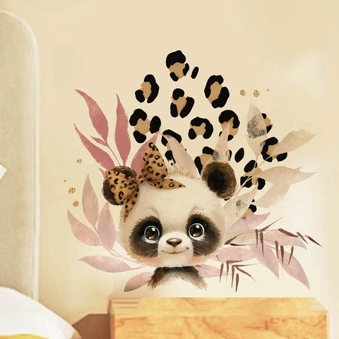 Cartoon Panda Wandtattoo Mit Leoparden Schleife Aquarell Blätter Abnehmbar PVC Wasserdicht Home Decor Für Kinderzimmer
