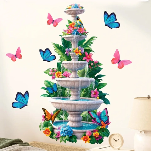 3D Realistic Butterfly Fountain Wall Stickers Waterproof PVC Floral Decals For Bedroom Living Room Entrance Home Decor