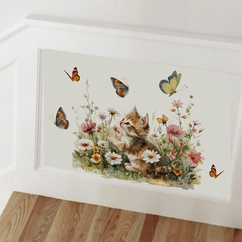 Aquarel Kat Vlinder Muursticker Waterdicht PVC Verwijderbaar Bloem Sticker Voor Toilet Badkamer Woonkamer Slaapkamer Decor