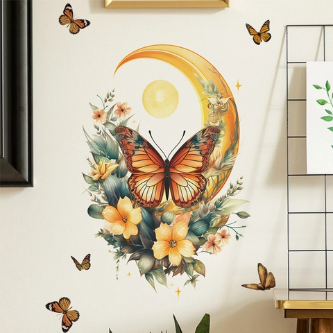 Adesivo da Parete Farfalla Luna Floreale PVC Autoadesivo Rimovibile Decalcomania Decorativa per Soggiorno Camera da Letto