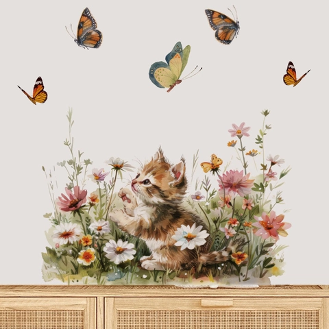 Aquarel Kat Vlinder Muursticker Waterdicht PVC Verwijderbaar Bloem Sticker Voor Toilet Badkamer Woonkamer Slaapkamer Decor