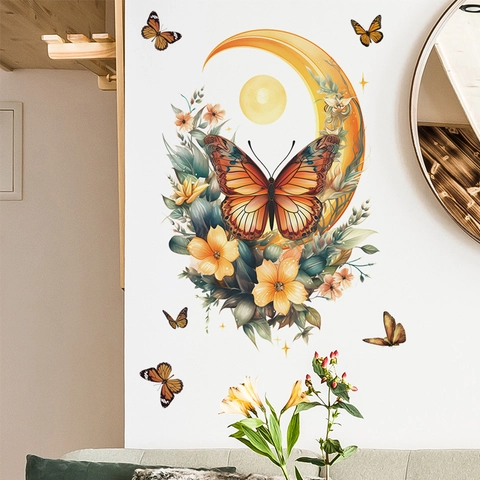 Adesivo da Parete Farfalla Luna Floreale PVC Autoadesivo Rimovibile Decalcomania Decorativa per Soggiorno Camera da Letto