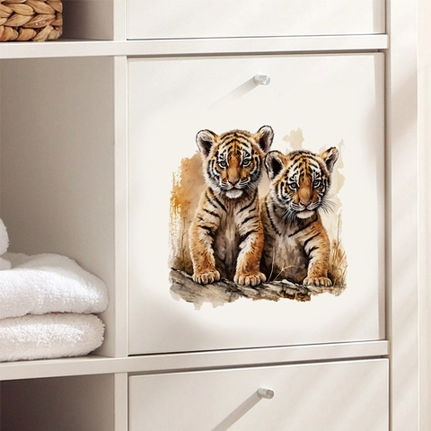 Adesivo da Parete Acquerello Due Tigri PVC Autoadesivo Rimovibile per Soggiorno Camera da Letto Bagno Camera dei Bambini Casa Decor