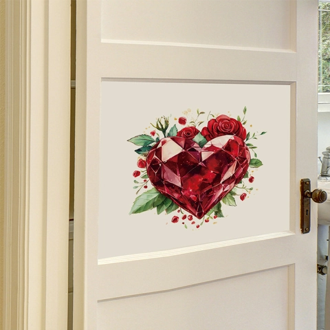 Adesivo da Parete a Forma di Cuore Rosso con Gemma Diamante e Rosa Fiore PVC Autoadesivo Rimovibile per Soggiorno Camera