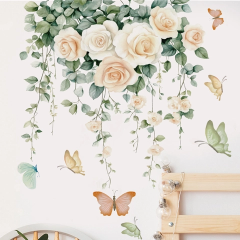White Rose And Butterfly Wall Stickers PVC Waterproof Self Adhesive Wall Decals For Living Room Bedroom Home Decor