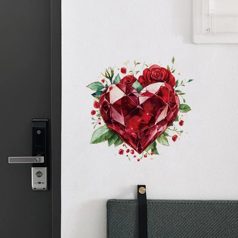 Adesivo da Parete a Forma di Cuore Rosso con Gemma Diamante e Rosa Fiore PVC Autoadesivo Rimovibile per Soggiorno Camera