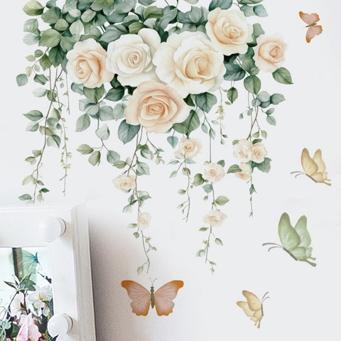 White Rose And Butterfly Wall Stickers PVC Waterproof Self Adhesive Wall Decals For Living Room Bedroom Home Decor
