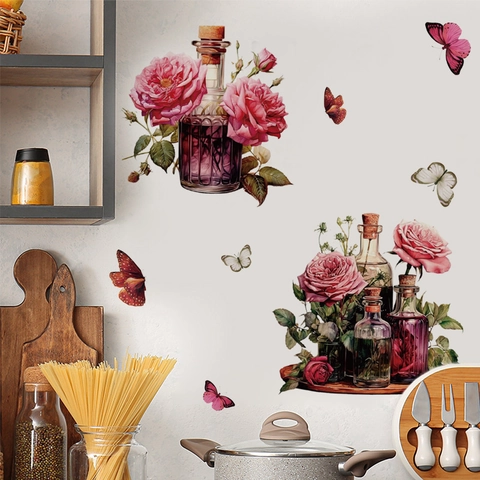 Pegatina de Pared Retro Jarrón de Flores de Rosa PVC Extraíble Mariposa Floral Calcomanía de Pared Para Dormitorio Sala de Estar Cocina Decoración del Hogar