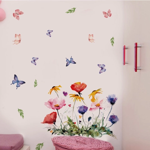 Aquarel Vlinder Wilde Bloem Muursticker PVC Zelfklevend Afneembaar Decoratie Voor Slaapkamer Woonkamer Badkamer Huis