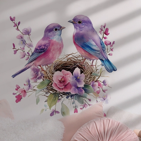 Sticker Mural Fleur Nid Oiseau Aquarelle Violet Imperméable PVC Auto-Adhésif Pour Chambre Salle De Bain Décoration Maison