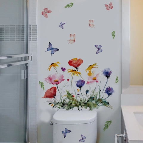 Aquarel Vlinder Wilde Bloem Muursticker PVC Zelfklevend Afneembaar Decoratie Voor Slaapkamer Woonkamer Badkamer Huis