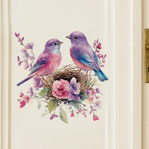 Sticker Mural Fleur Nid Oiseau Aquarelle Violet Imperméable PVC Auto-Adhésif Pour Chambre Salle De Bain Décoration Maison