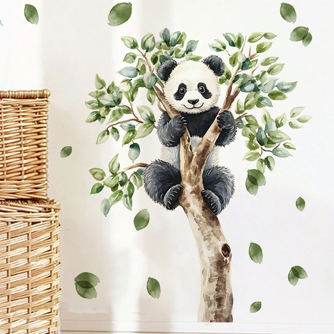 Vinilos de Pared de Panda Acuarela Trepando Árbol Decoración de Habitación Infantil Impermeable PVC Animales Hojas Decoración