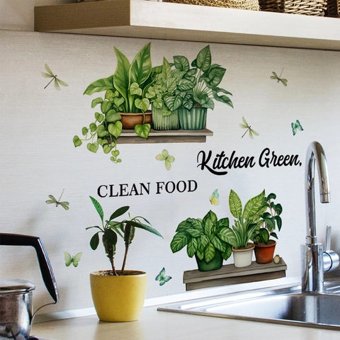 Kitchen Potted Plants Wall Sticker Waterproof PVC Greenery Decal Clean Food Butterfly Dragonfly Removable Home Decor Dining Room Mural