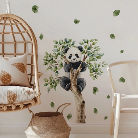 Aquarell Panda Kletterbaum Wandaufkleber Für Kinderzimmer Deko Wasserdicht PVC Cartoon Tier Blätter Wandtattoo Dekoration
