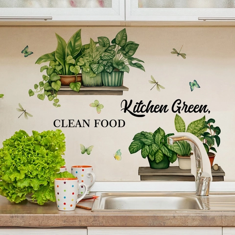 Kitchen Potted Plants Wall Sticker Waterproof PVC Greenery Decal Clean Food Butterfly Dragonfly Removable Home Decor Dining Room Mural