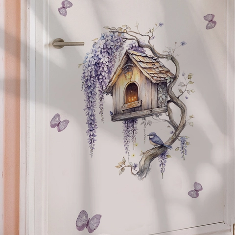 Pegatina de Pared Casa del Árbol Pájaro Glicina Púrpura Calcomanía para Tapa de Inodoro PVC Autoadhesiva Removible Mural
