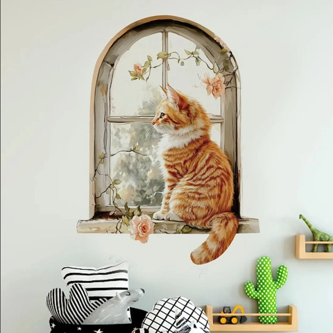 Adesivo da Parete 3D Finta Finestra Gatto Arancione PVC Impermeabile Realistico Murale Floreale per Soggiorno Camera da Letto Casa