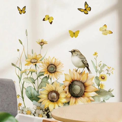 Sonnenblume Vogel Schmetterling Wandsticker Wasserdicht PVC Selbstklebend Abnehmbar Wandbild Aufkleber Für Wohnzimmer Schlafzimmer