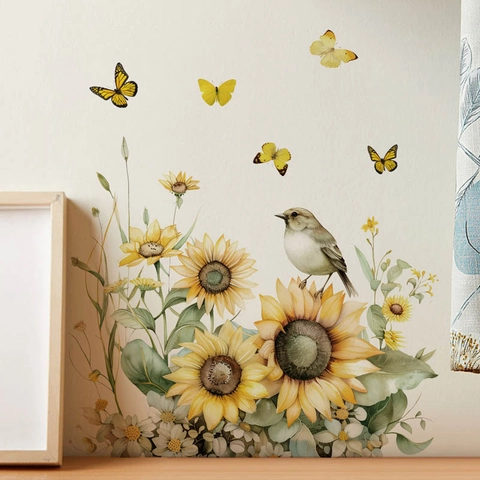 Sonnenblume Vogel Schmetterling Wandsticker Wasserdicht PVC Selbstklebend Abnehmbar Wandbild Aufkleber Für Wohnzimmer Schlafzimmer