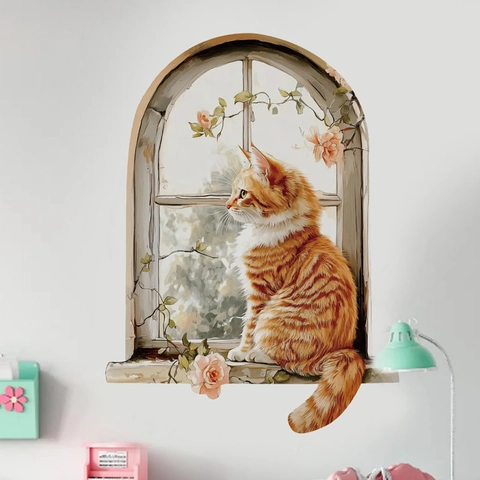 Adesivo da Parete 3D Finta Finestra Gatto Arancione PVC Impermeabile Realistico Murale Floreale per Soggiorno Camera da Letto Casa