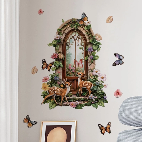 Bogenfenster Wald Hirsch Wandaufkleber PVC Selbstklebend Abnehmbar 3D Effekt Blumen Schmetterling Deko Für Schlafzimmer Wohnzimmer