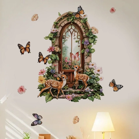 Bogenfenster Wald Hirsch Wandaufkleber PVC Selbstklebend Abnehmbar 3D Effekt Blumen Schmetterling Deko Für Schlafzimmer Wohnzimmer