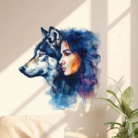 Pegatina de Pared Artística de Acuarela Lobo y Mujer PVC Autoadhesiva Removible Decoración de Arte Para Sala de Estar