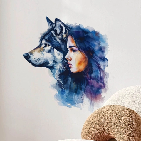 Aquarel Artistieke Wolf En Vrouw Muursticker PVC Zelfklevend Verwijderbaar Kunst Decoratie Voor Woonkamer Slaapkamer