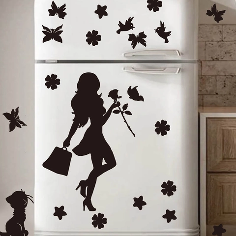 Minimalist Black Silhouette Beauty With Rose Wall Sticker PVC Self Adhesive Removable Decal For Refrigerator Furniture Home Decor