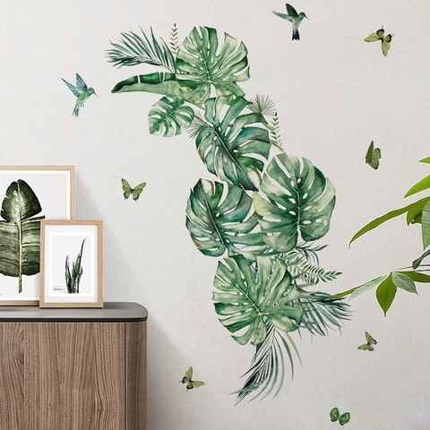 Adesivo da Parete Pianta Verde Tropicale Foglia di Monstera Farfalla Colibrì Impermeabile PVC Rimovibile Decorativo per Soggiorno