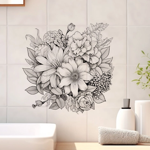 Adesivo da Parete Floreale a Schizzo Impermeabile in PVC Autoadesivo per Cucina Bagno Decorazione Casa Disegno a Linee Nere