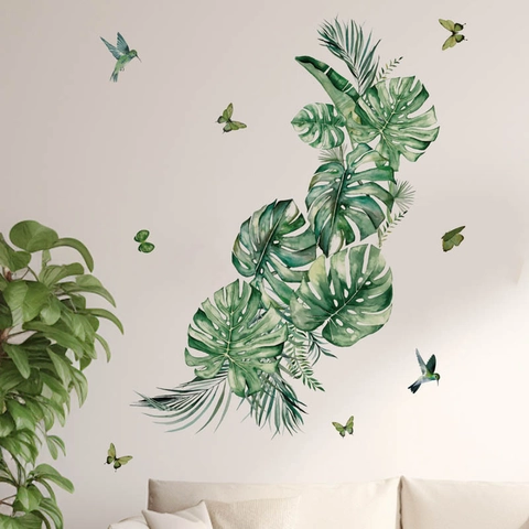 Adesivo da Parete Pianta Verde Tropicale Foglia di Monstera Farfalla Colibrì Impermeabile PVC Rimovibile Decorativo per Soggiorno
