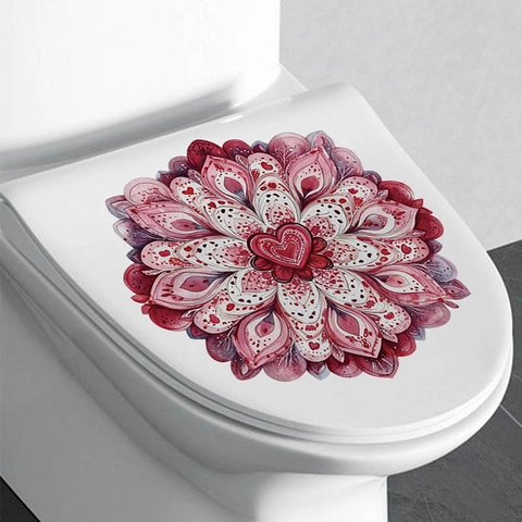 Pegatina de Pared Mandala Corazón Flor Impermeable PVC Extraíble Calcomanía de Inodoro para Día de San Valentín Hogar Baño Arte