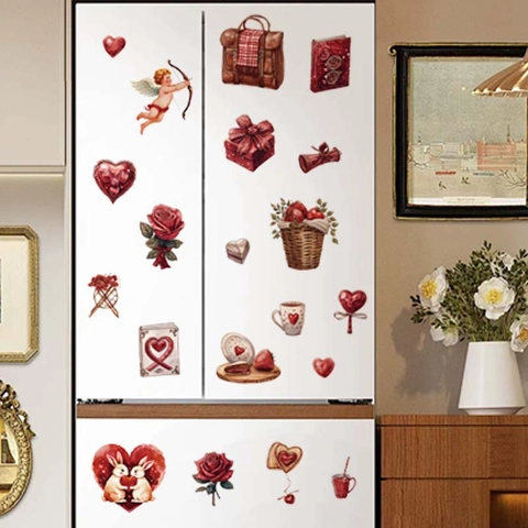 Adhesivos de Pared Románticos Vintage de Corazón Rosa Cupido Calcomanía de PVC Removible para Dormitorio Sala San Valentín