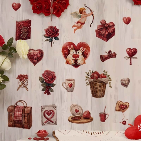 Adhesivos de Pared Románticos Vintage de Corazón Rosa Cupido Calcomanía de PVC Removible para Dormitorio Sala San Valentín