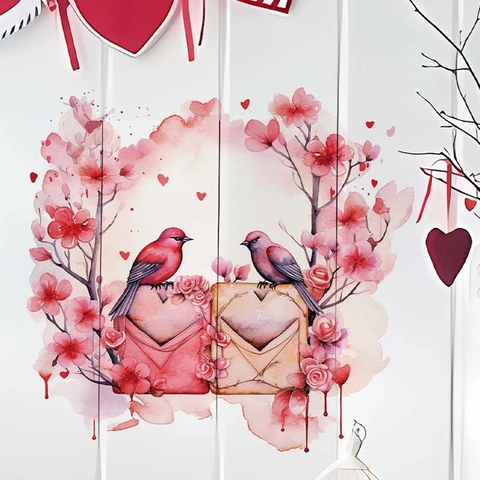 Valentine's Day Watercolor Pink Birds Wall Sticker PVC Removable Decal Cherry Blossom Heart Decoration For Bedroom Living Room