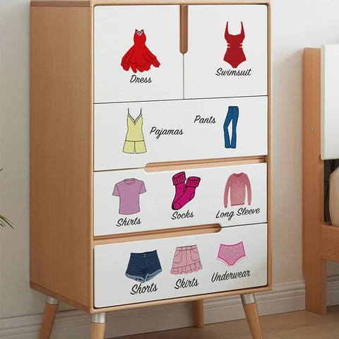 Cartoon Clothing Icon Wardrobe Organizer Stickers PVC Removable Closet Drawer Labels For Kids Room Home Organization Furniture Decals