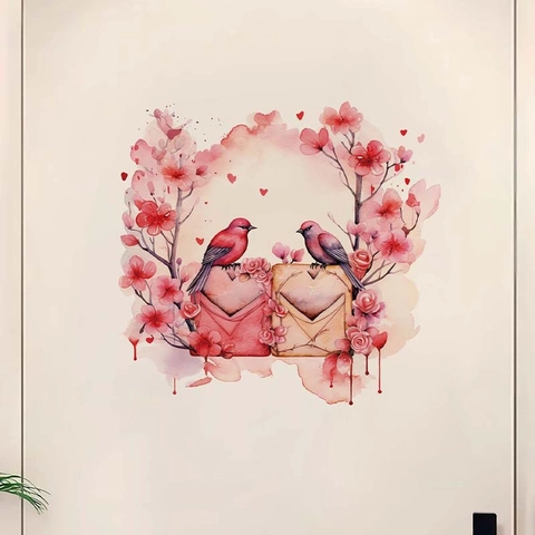 Valentine's Day Watercolor Pink Birds Wall Sticker PVC Removable Decal Cherry Blossom Heart Decoration For Bedroom Living Room