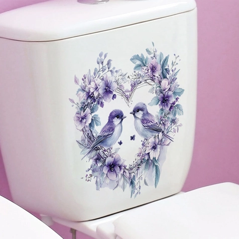 Lila Blumenkranz Herz Vögel Wandaufkleber Wasserdicht Abnehmbar PVC Vinyl Wandbild Aufkleber Für Schlafzimmer Haus Dekor