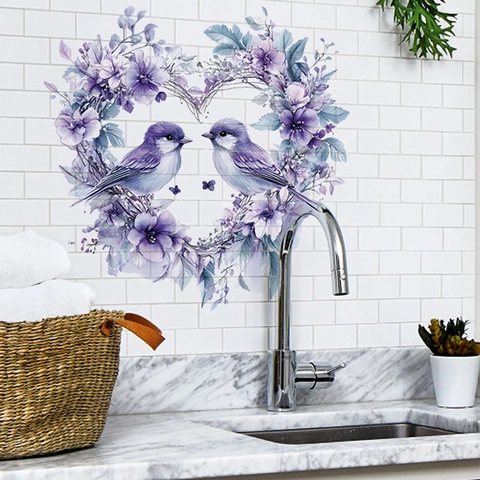 Lila Blumenkranz Herz Vögel Wandaufkleber Wasserdicht Abnehmbar PVC Vinyl Wandbild Aufkleber Für Schlafzimmer Haus Dekor
