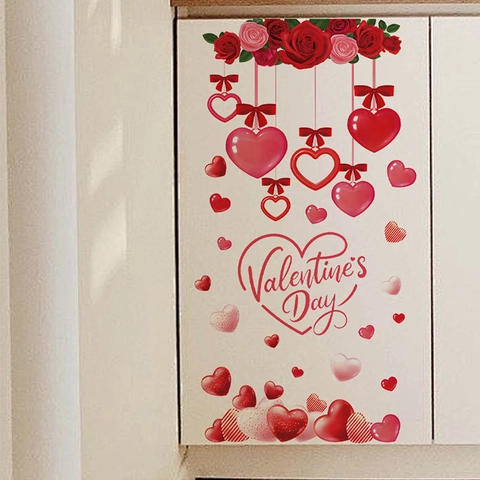 Valentinstag Rose Herz Wandaufkleber Abnehmbar PVC Romantisch Blumen Decals Für Schlafzimmer Wohnzimmer Kühlschrank Deko