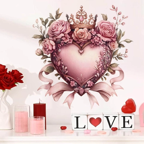 Valentine's Day Pink Heart Crown Rose Wall Sticker PVC Waterproof Removable Romantic Decal For Bedroom Bathroom Home Decor