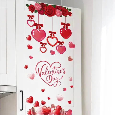 Valentinstag Rose Herz Wandaufkleber Abnehmbar PVC Romantisch Blumen Decals Für Schlafzimmer Wohnzimmer Kühlschrank Deko