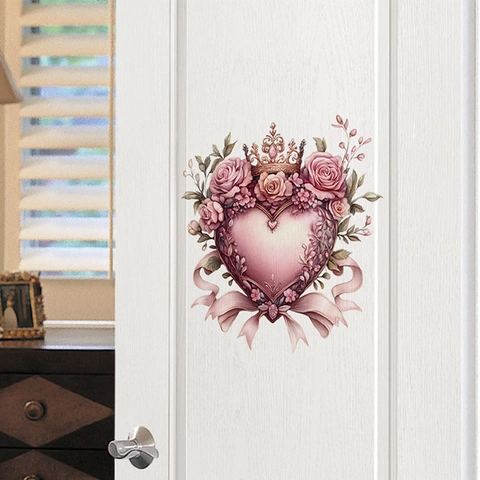 Valentine's Day Pink Heart Crown Rose Wall Sticker PVC Waterproof Removable Romantic Decal For Bedroom Bathroom Home Decor