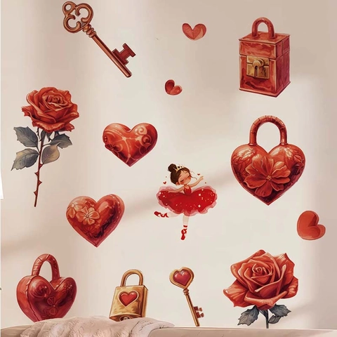 Valentinstag Rotes Herz Rose Wandaufkleber PVC Romantisches Ballettmädchen Wandtattoo Für Schlafzimmer Wohnzimmer Wohnkultur