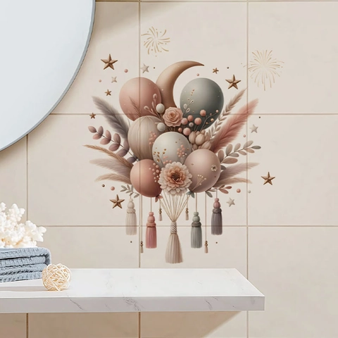 Adesivo Murale Boho con Fiori e Palloncini in PVC Autoadesivo Rimovibile per Camera da Letto Soggiorno e Bagno San Valentino